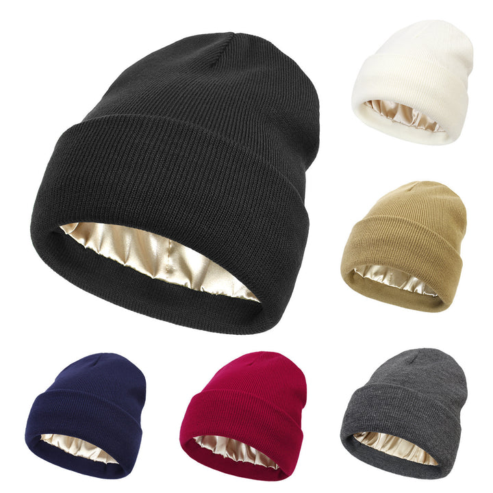 Black double layer cuffed beanie with satin lining