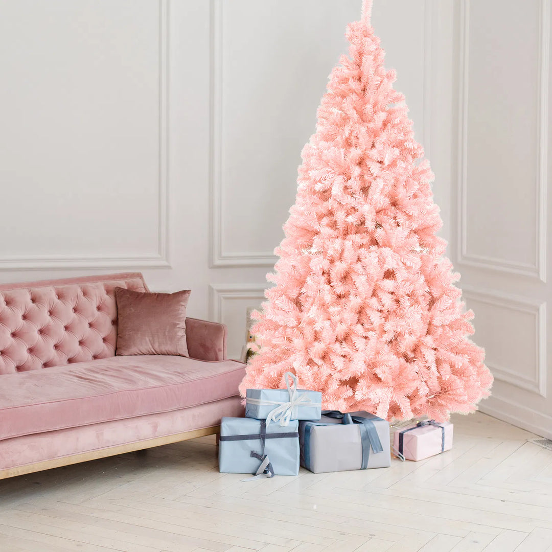 Pink artificial Christmas tree in living room