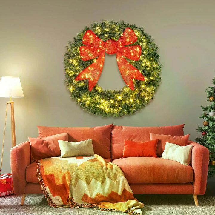 Giant pre-lit Christmas wreath with red bow