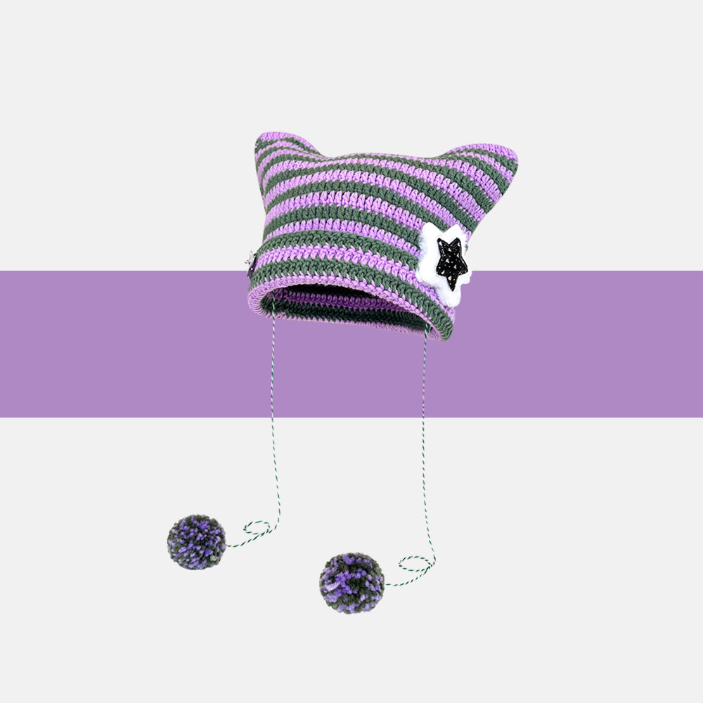 Striped cat ear beanie with pompom ties