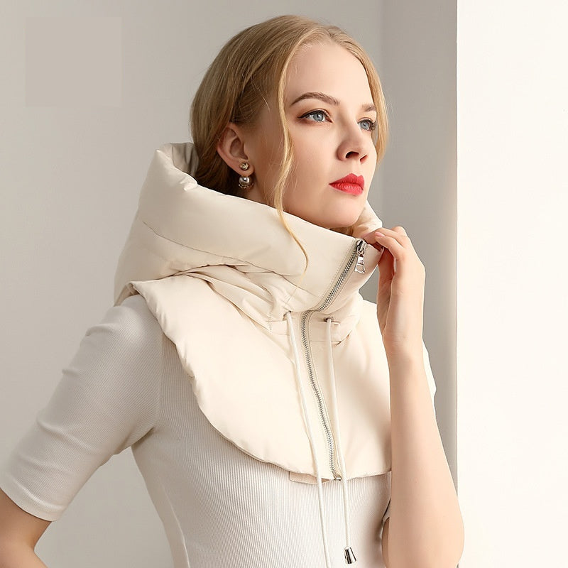 Ivory quilted down hood with neck warmer