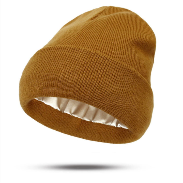 Black double layer cuffed beanie with satin lining