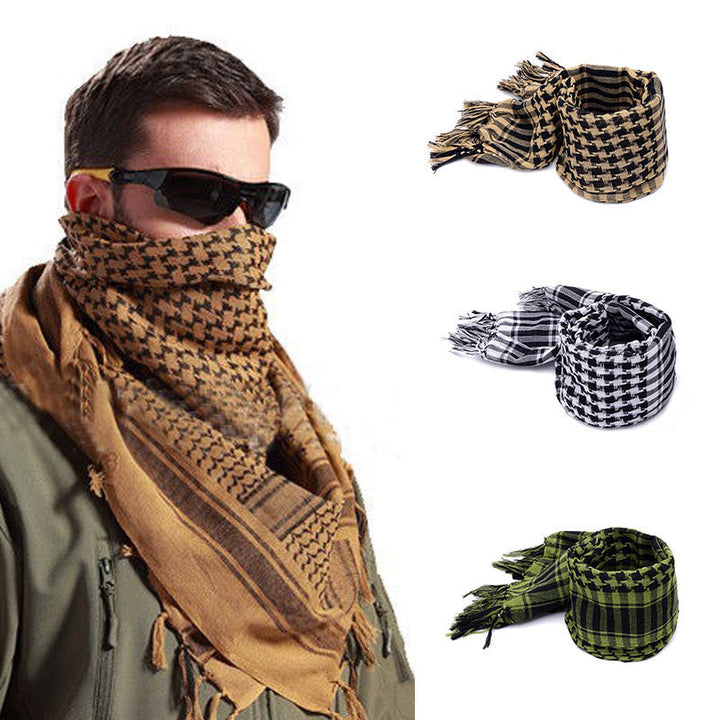 Shemagh scarf wrapped around neck and face