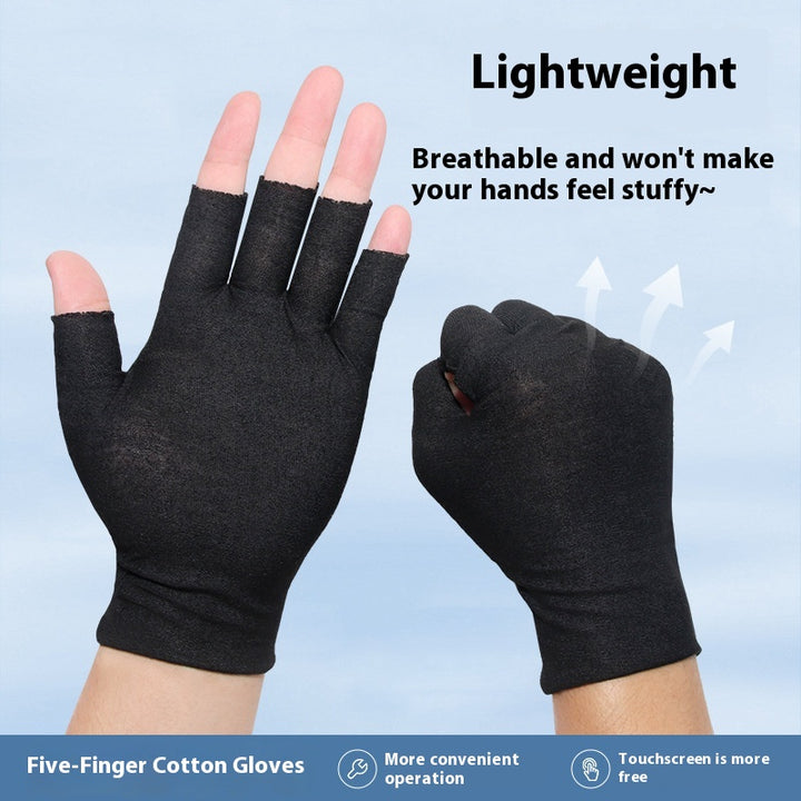 Grey cotton half-finger gloves on hands
