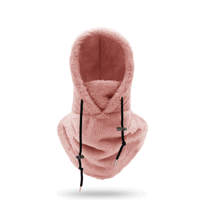 Woman wearing beige plush hood with scarf