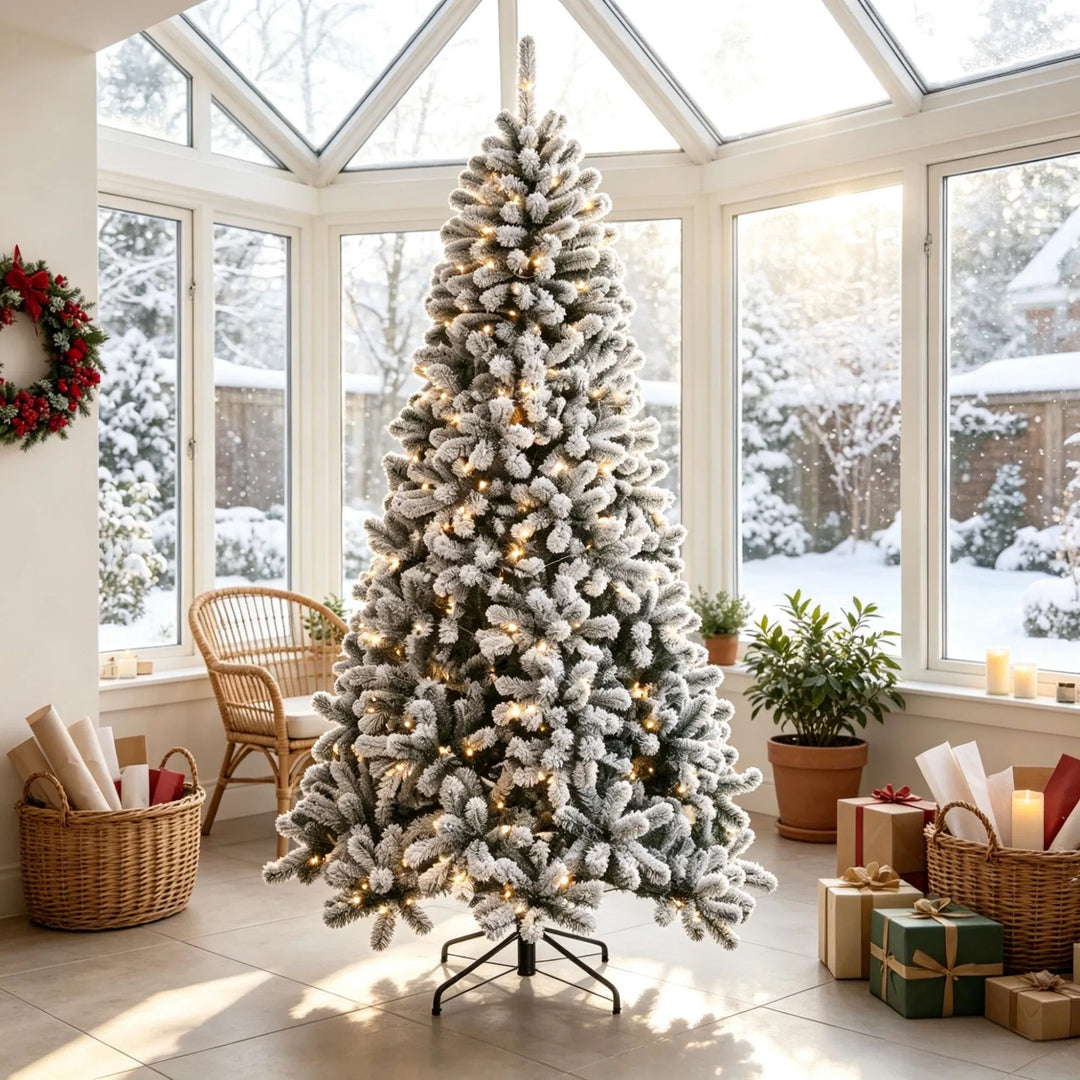 Flocked Northern pine with warm lights