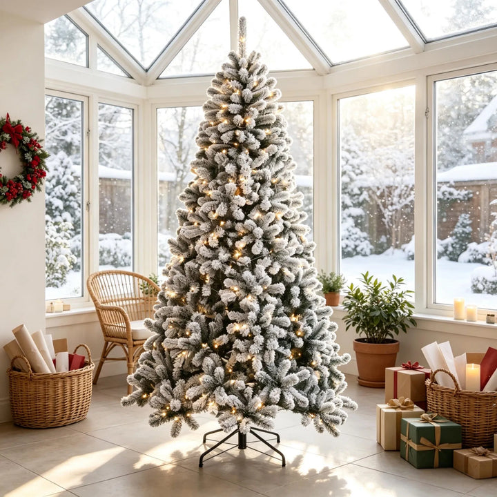 Flocked Northern pine with warm lights