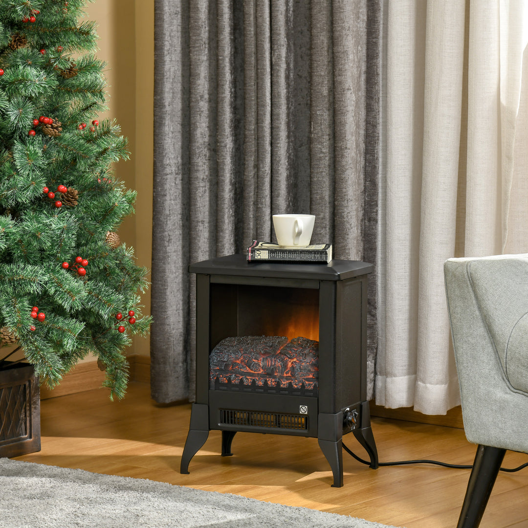 black electric stove heater with open glass front flames