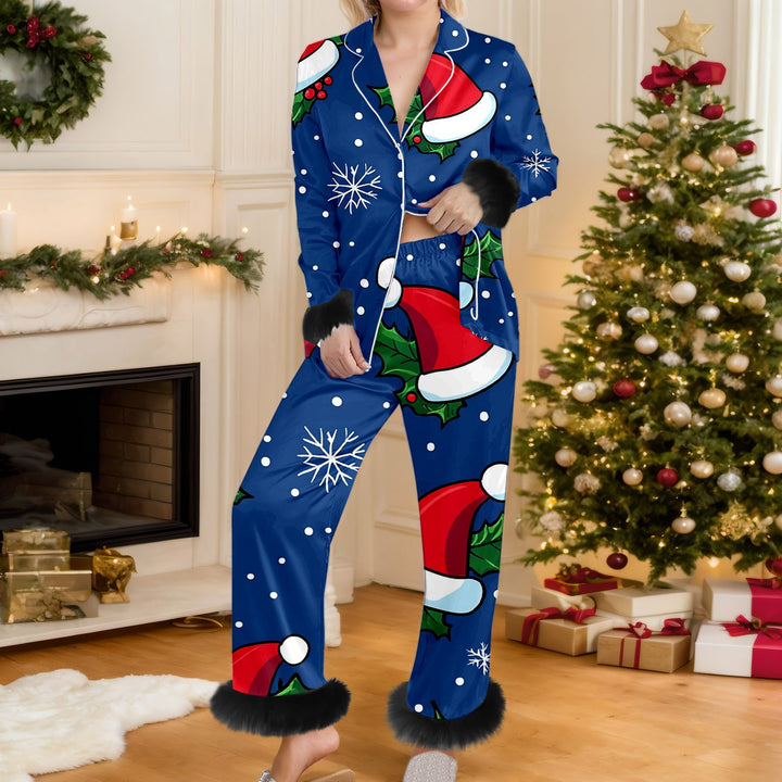 Woman in Christmas print pyjama set