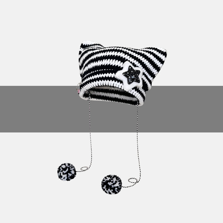 Striped cat ear beanie with pompom ties