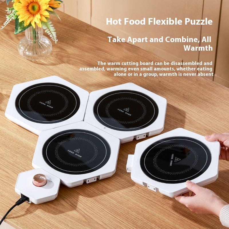 White hexagonal warming plates with dishes on top