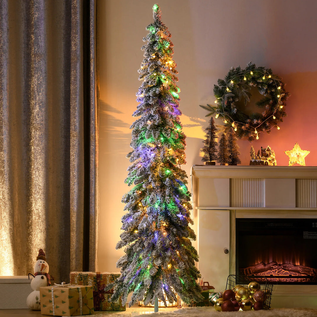 Snowy pencil tree with colour lights