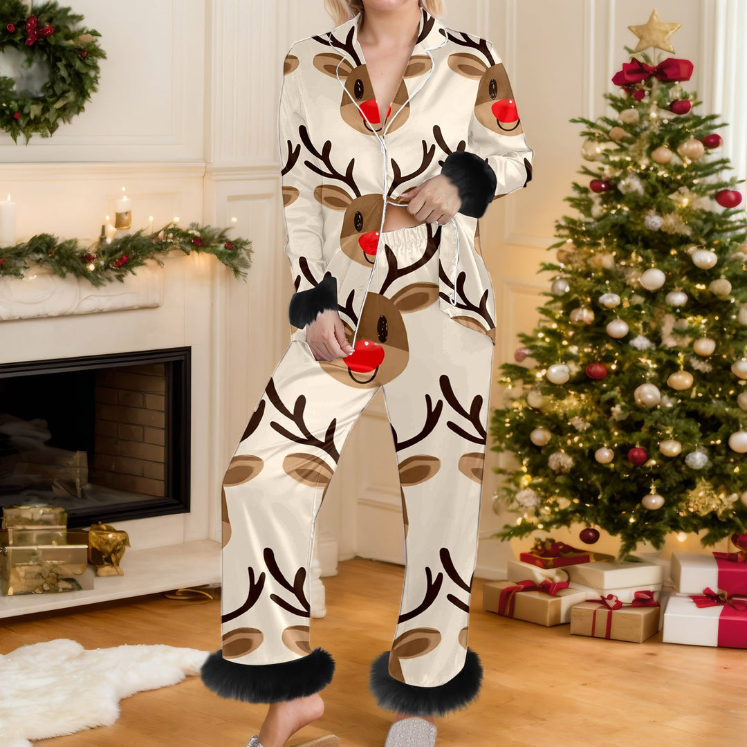 Woman in Christmas print pyjama set