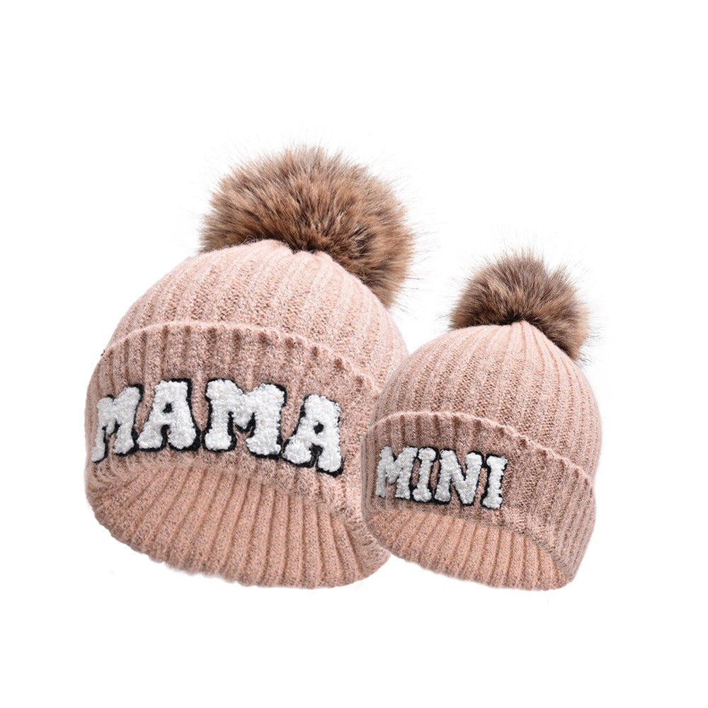 Pink MAMA and MINI beanies with pompoms