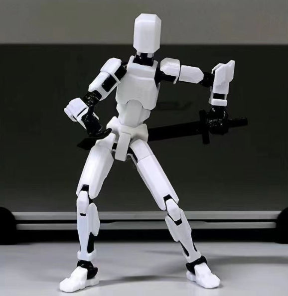 Poseable 3D printed robot figure on desk