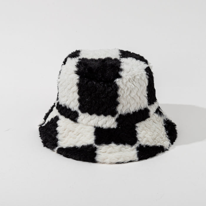 Heat Hollow Checkerboard Plush Bucket Hat in Teddy Fleece