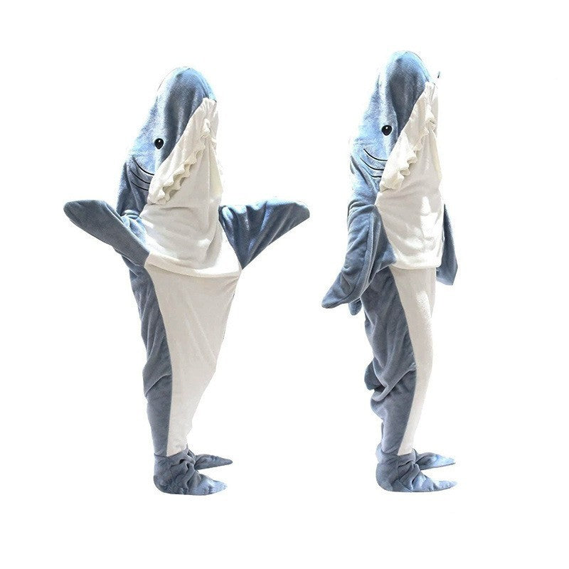 Person wearing grey shark hooded blanket