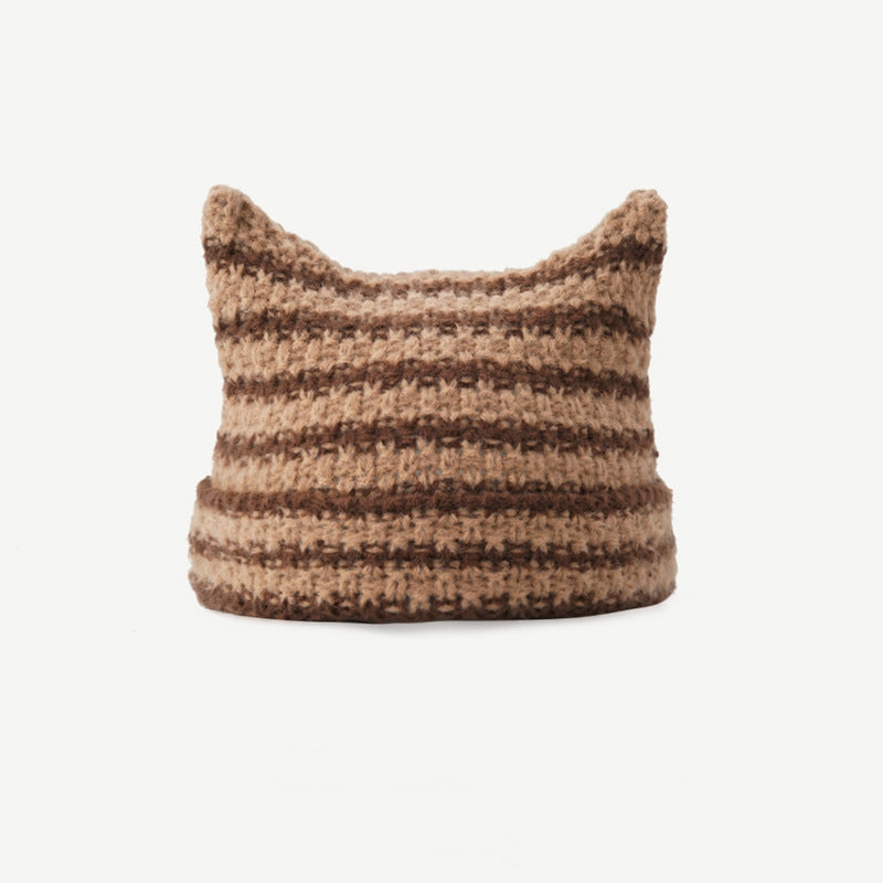 Striped cat ear beanie with pompom ties