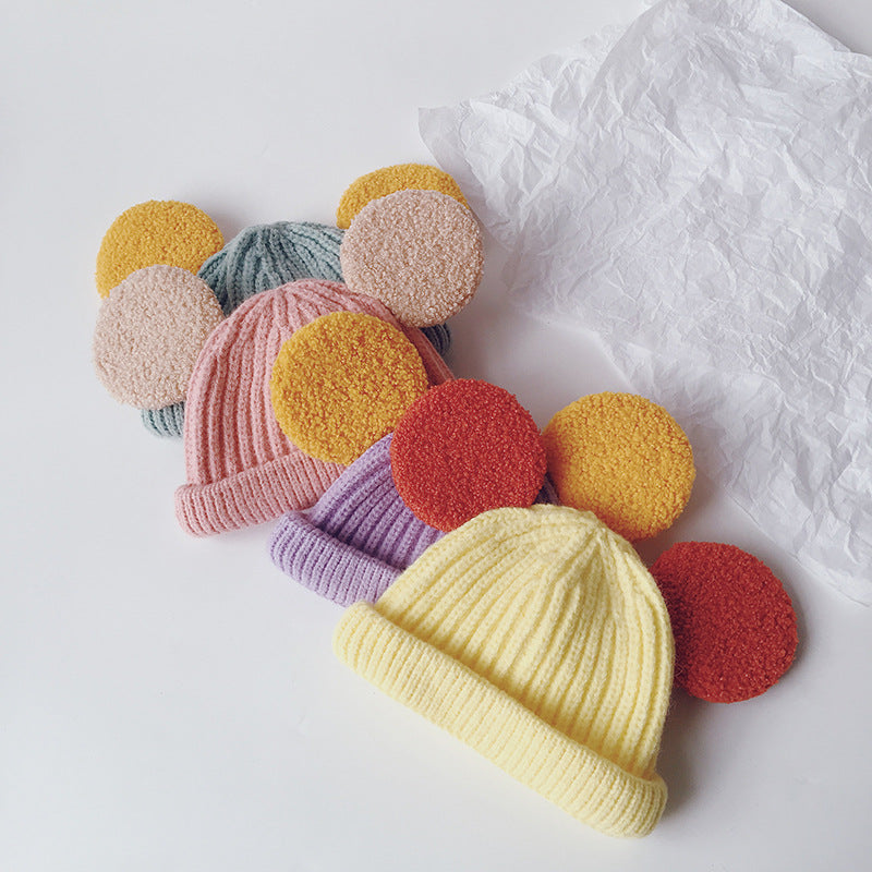 Kids pink ribbed beanie with teddy ears