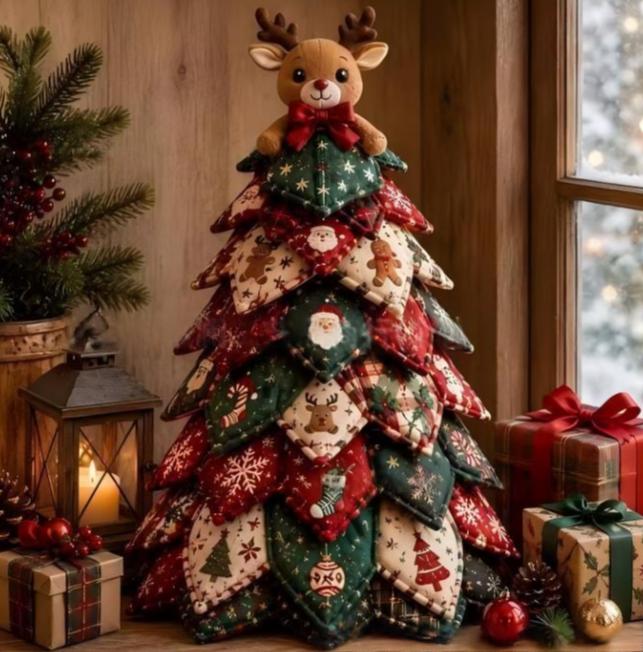 Patchwork fabric Christmas tree with star topper