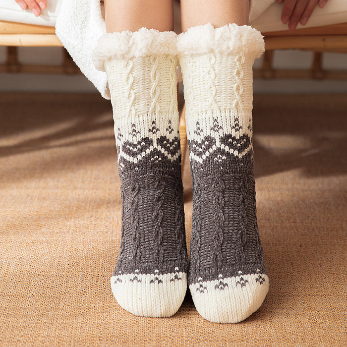 Heat Hollow Plush Lined Heart Knit Floor Socks with Grip Dots