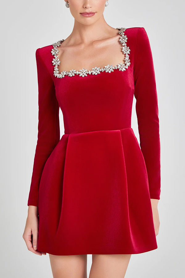 Red mini dress with rhinestone square neckline