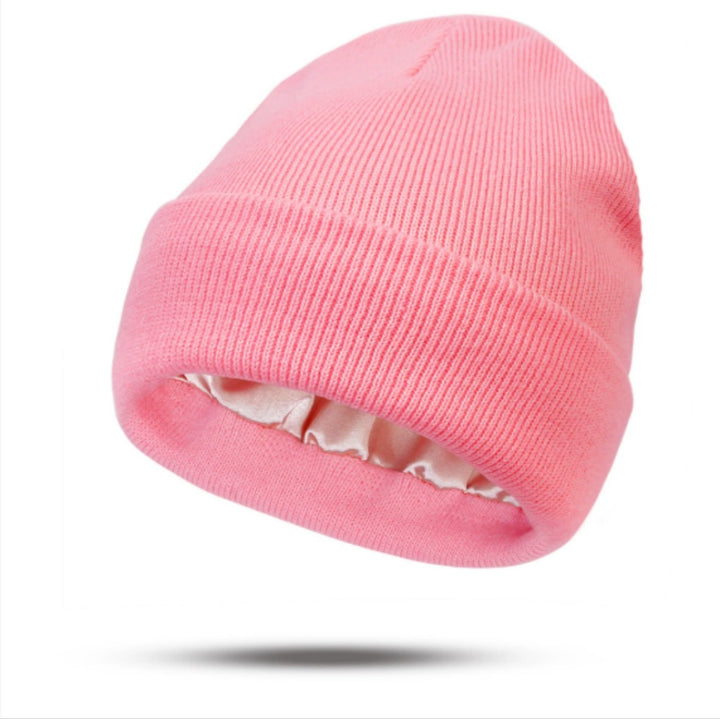 Black double layer cuffed beanie with satin lining