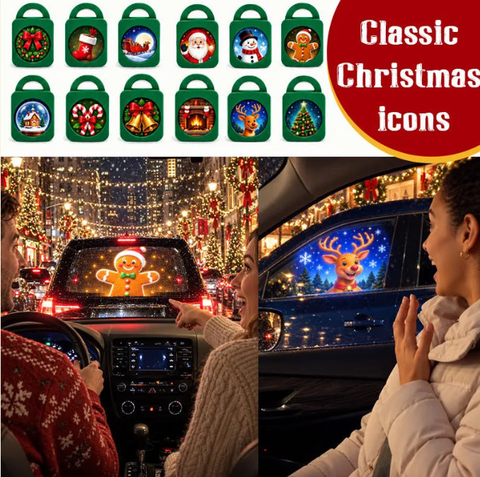 Candy-cane projector lighting car roof with Santa