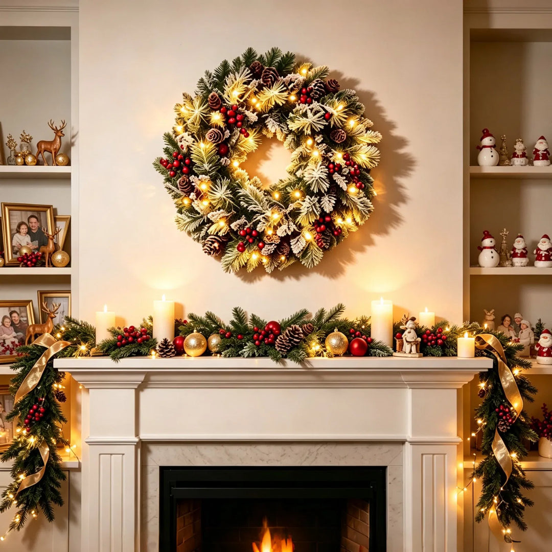 Frosted lit wreath with berries and cones