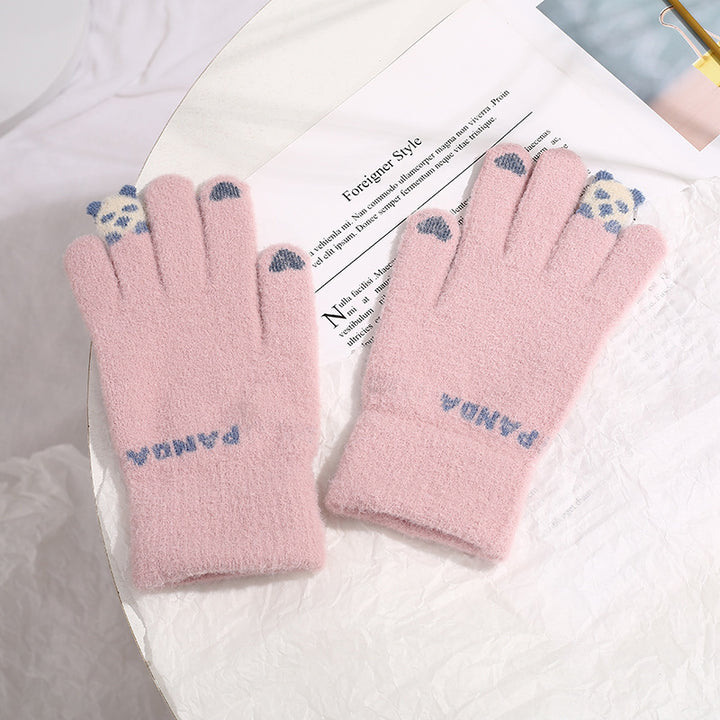 Grey knitted gloves with 3D panda