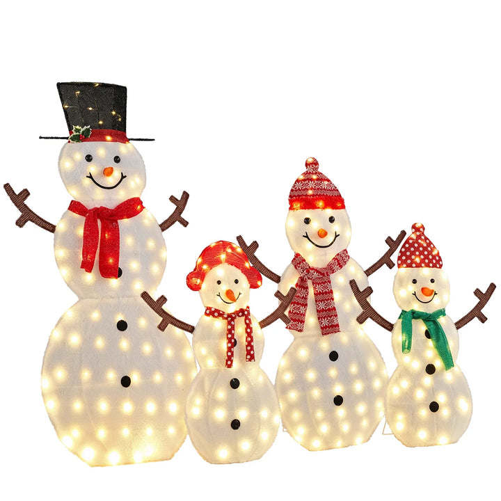 Family of four lit snowman figures