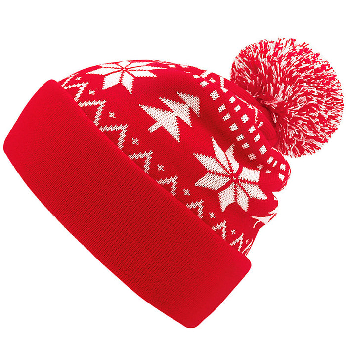 Heat Hollow Christmas Knitted Bobble Hat with Snowflakes and Trees