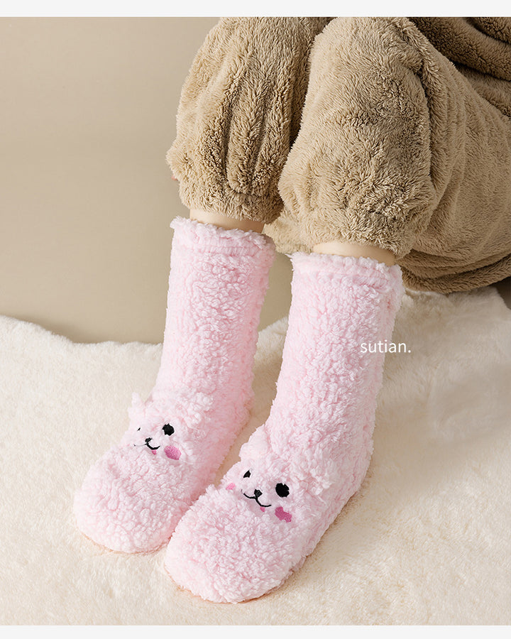 Fluffy fleece floor socks with bunny face