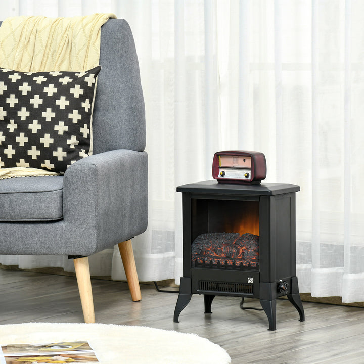 black electric stove heater with open glass front flames
