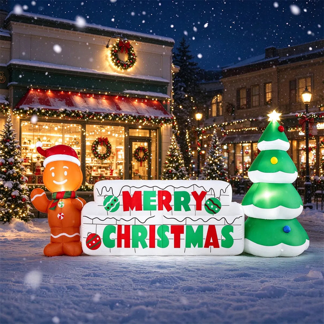 Inflatable Merry Christmas sign with gingerbread man