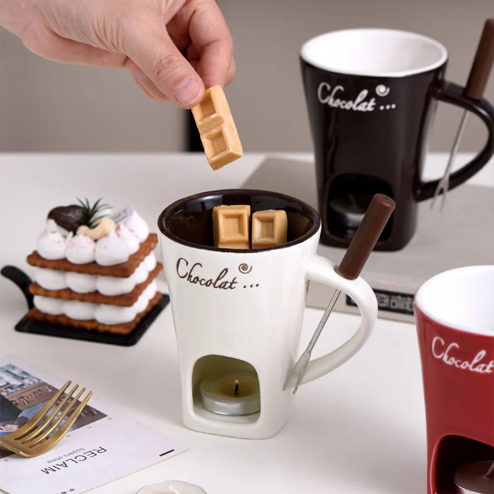 Chocolate fondue mug with fork