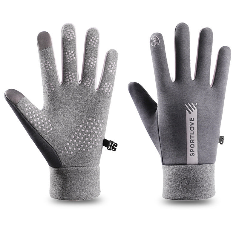 Grey fleece lined water repellent winter gloves