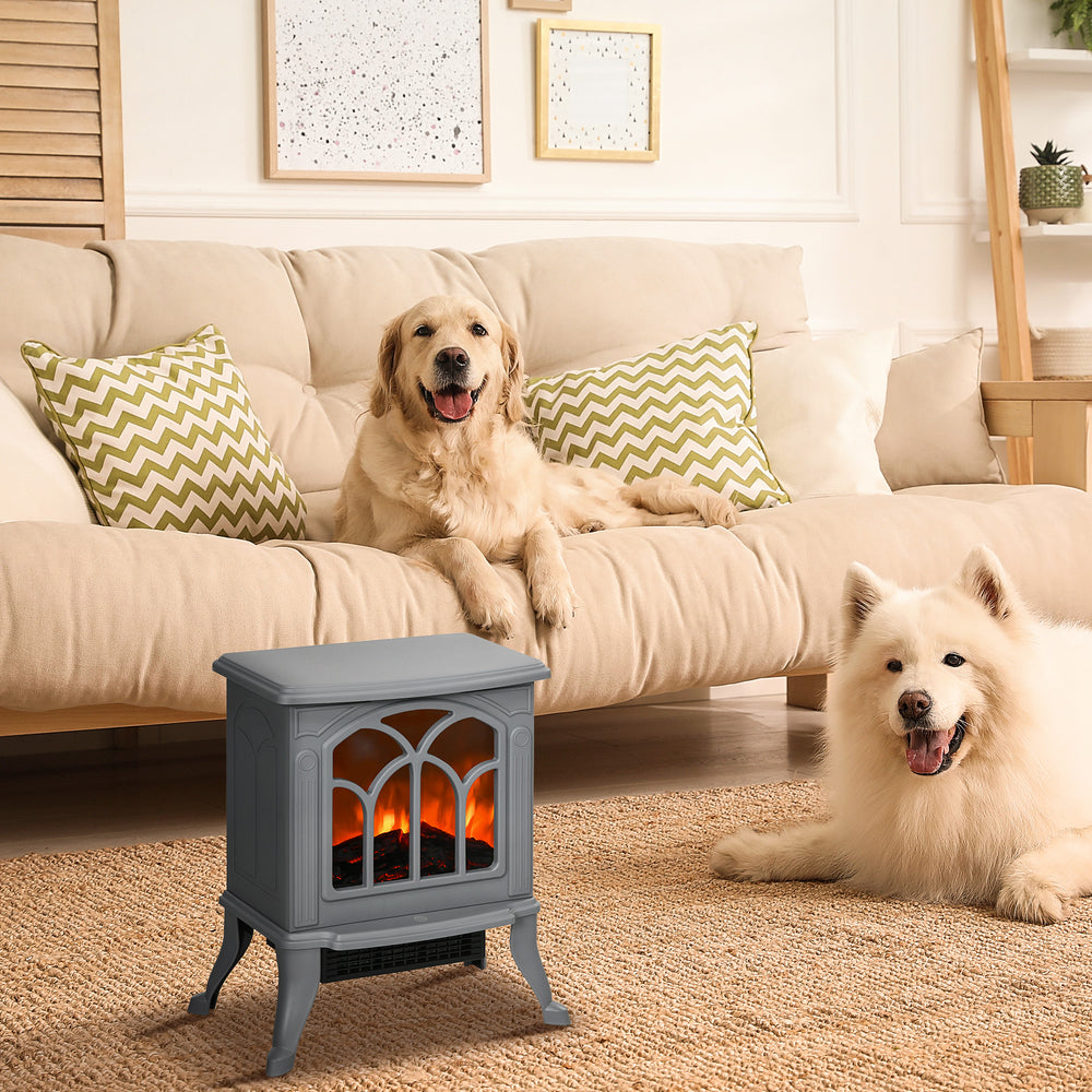 grey compact electric stove with flame effect