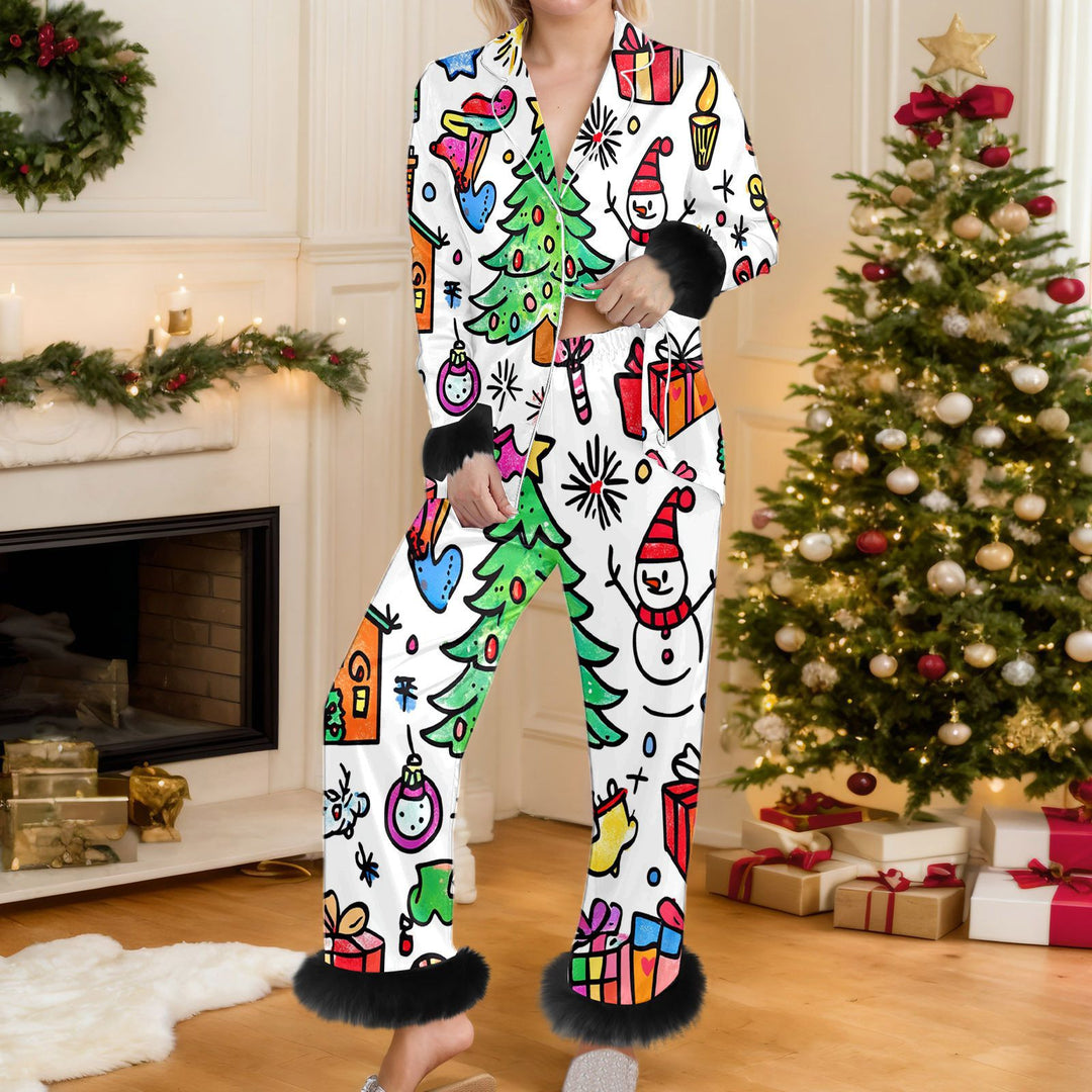 Woman in Christmas print pyjama set