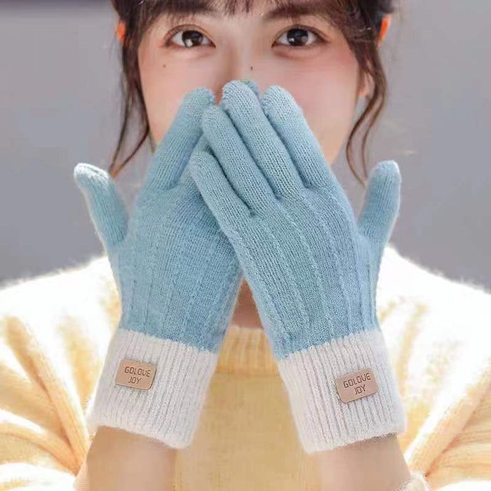 Heat Hollow Knitted Touchscreen Gloves with Contrast Ribbed Cuff