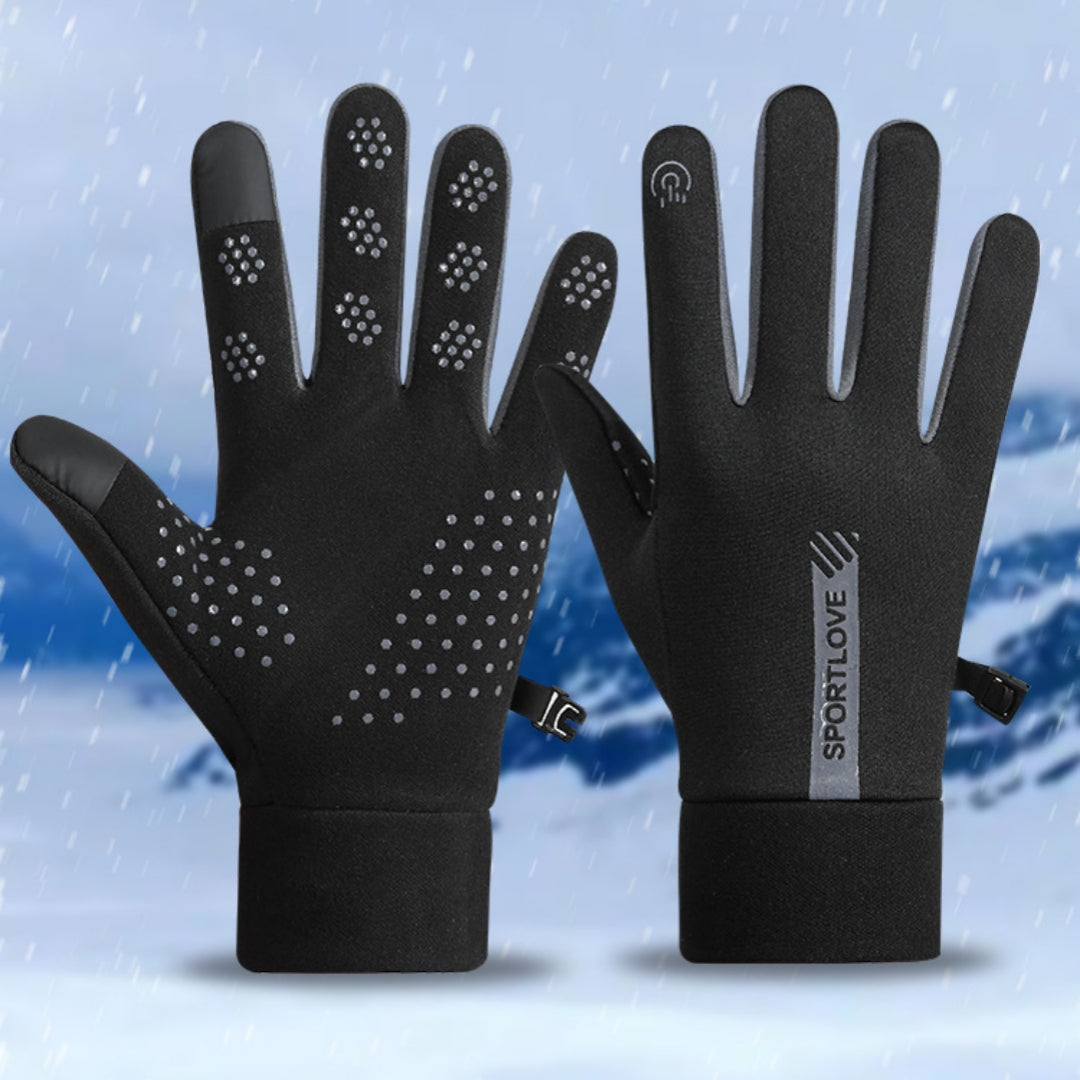 Grey fleece lined water repellent winter gloves