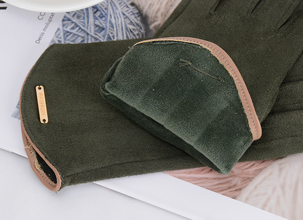 Camel faux suede gloves with gold bar detail