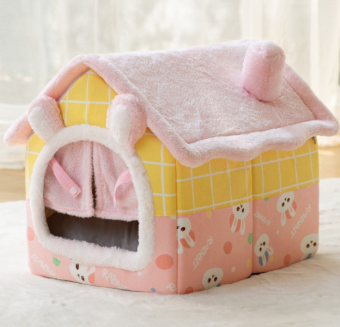 Plush enclosed cat house with cushion