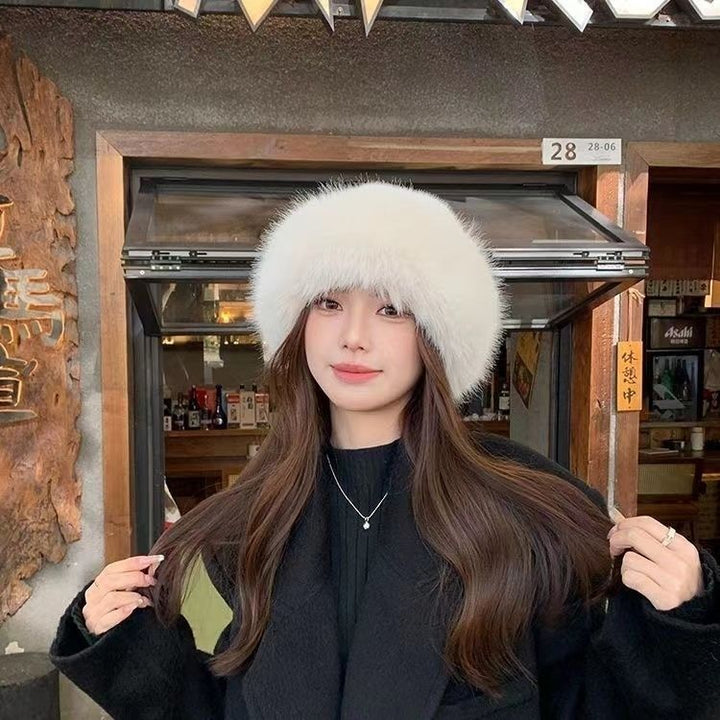 Beige fluffy faux fur hat with rolled brim