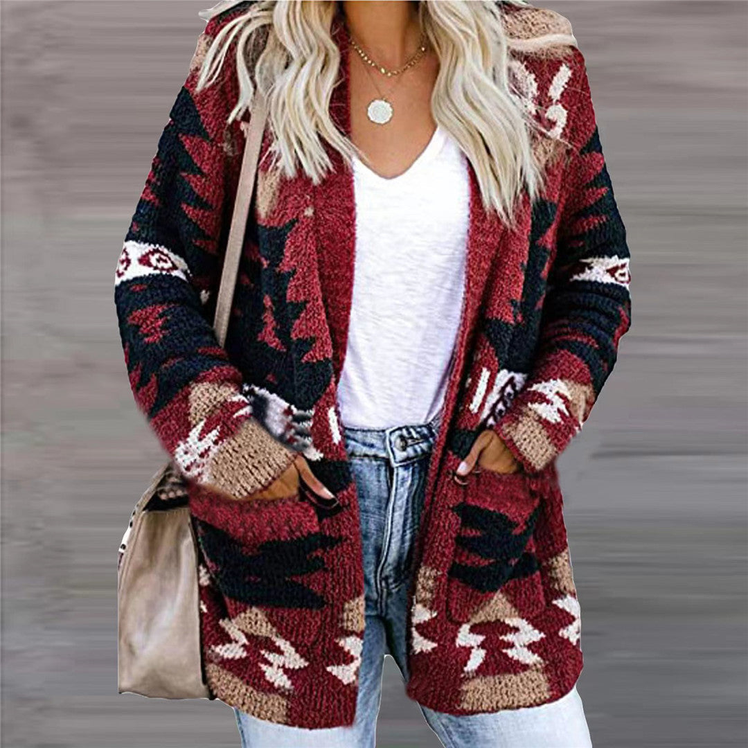 Woman wearing open front geometric knit cardigan