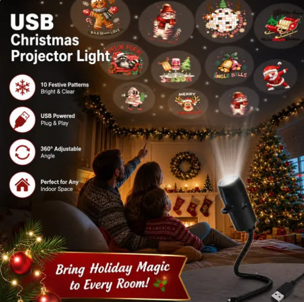 USB projector casting Christmas pattern on wall