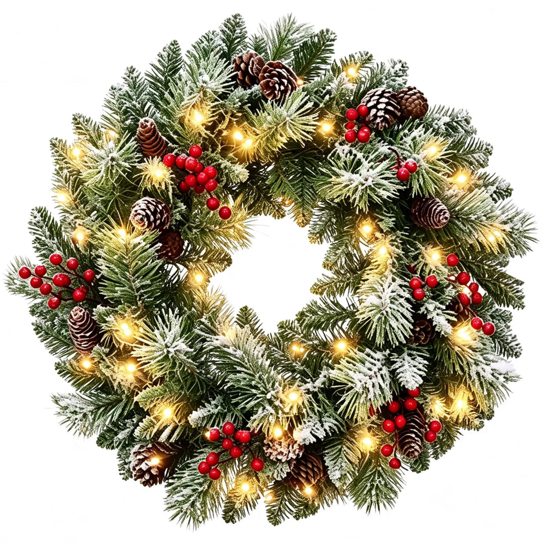 Frosted lit wreath with berries and cones