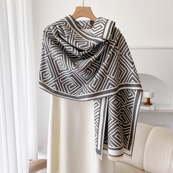 Heat Hollow Fringed Cashmere-Feel Shawl Cape with Geometric Pattern
