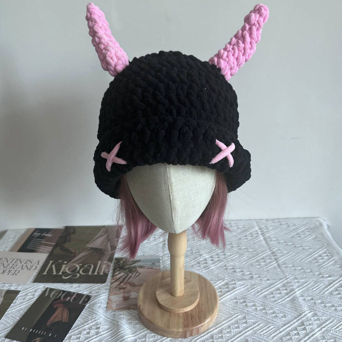Heat Hollow Chunky Crochet Bucket Hat with Horns, Hand-Knitted