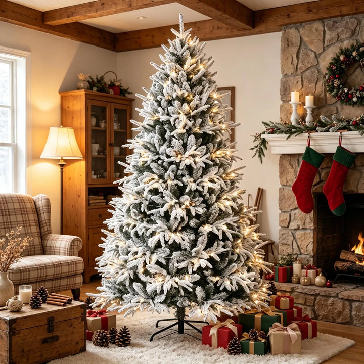 Full snow-flocked tree with warm LEDs